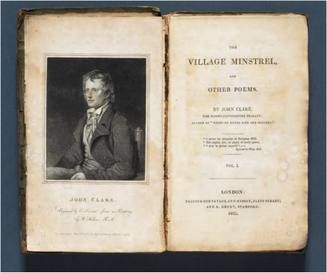 Title page of John Clare’s<i> The Village Minstrel</i> <i>and other poems</i>, with a&nbsp;portrait of poet, 1821 (R200210) (© The University of Manchester, 2022)