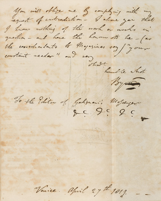 A facsimile of a&nbsp;letter from Byron enclosed in Galignani’s edition of <i>The Works of Lord Byron</i>, 1827. (© University of Manchester 2023)