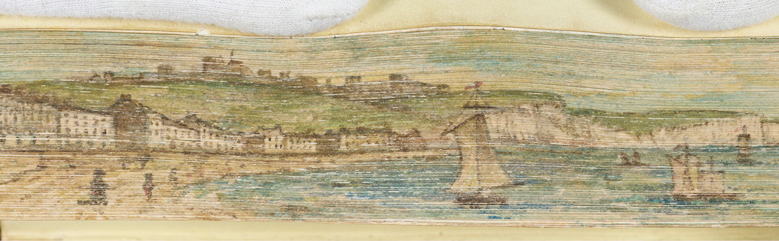 Watercolour landscape of Dover Beach on the fore-edge of Sarah Ellis’s Wives of England, 1843 by an unknown artist.