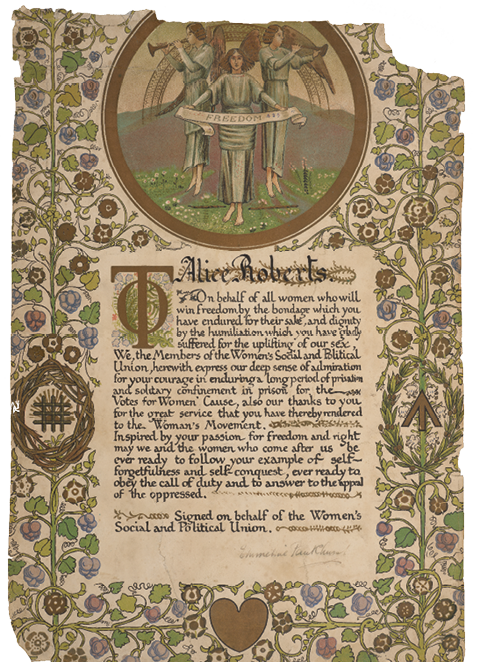 Illuminated Certificate for Alice Roberts, signed by Emmeline Pankhurst and designed by Sylvia Pankhurst, 1906–10. © Estate of Sylvia Pankhurst; digital image provided by the John Rylands Research Institute and Library, University of Manchester.