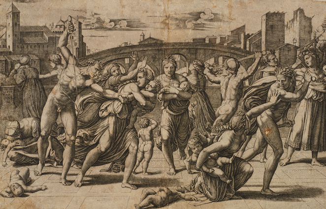 ‘Massacre of the Innocents (with fir tree)’, designed by Raphael and engraved by Marcantonio Raimondi, c.1512–13.